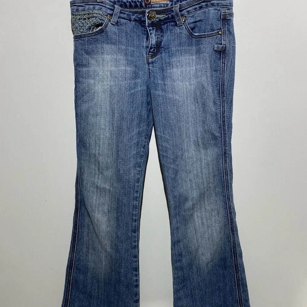 JouJou Womens Bootcut Jeans Medium Wash‎ Embroidered Heart Button Y2K Blue Denim